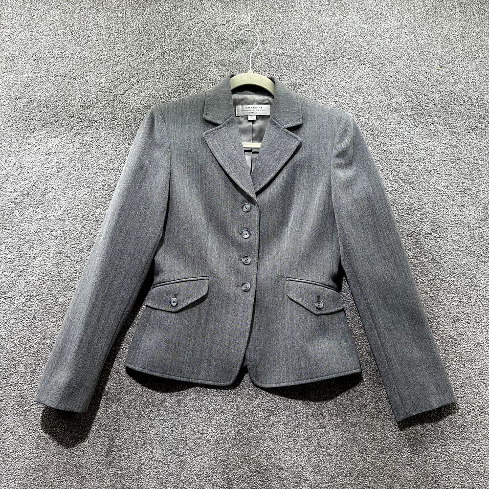Tahari ASL Blazer Jacket Women 2P Gray 4 Button Notch Lapel Office Career